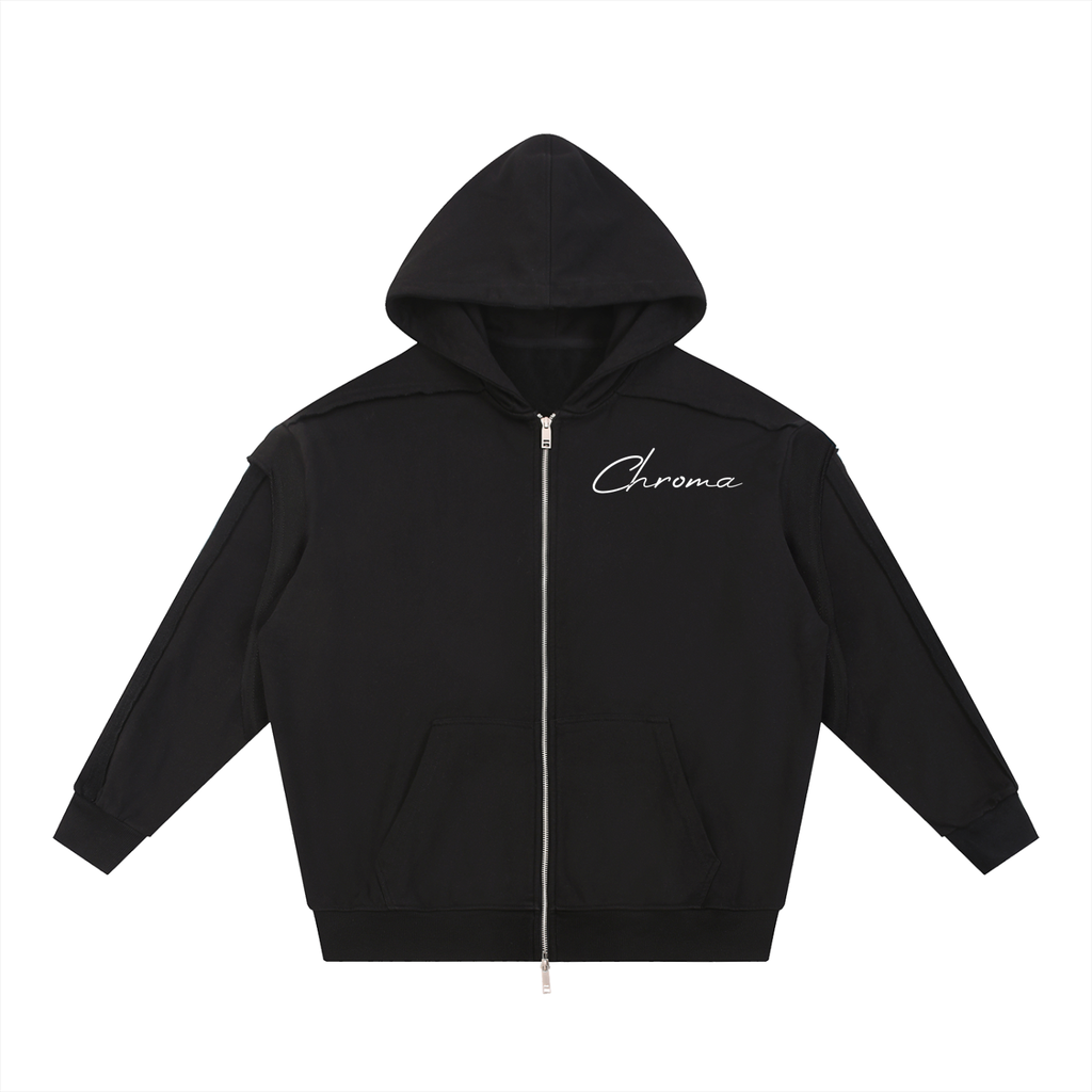 Contrast Tape Raw Edge Double Layered Zip Hoodie ODMPOD