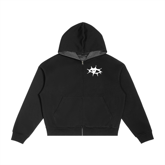 Contrast Plaid Boxy Zip Hoodie