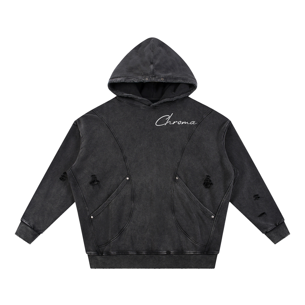 Snow Washed Distressed Panel Pocket Hoodie ODMPOD