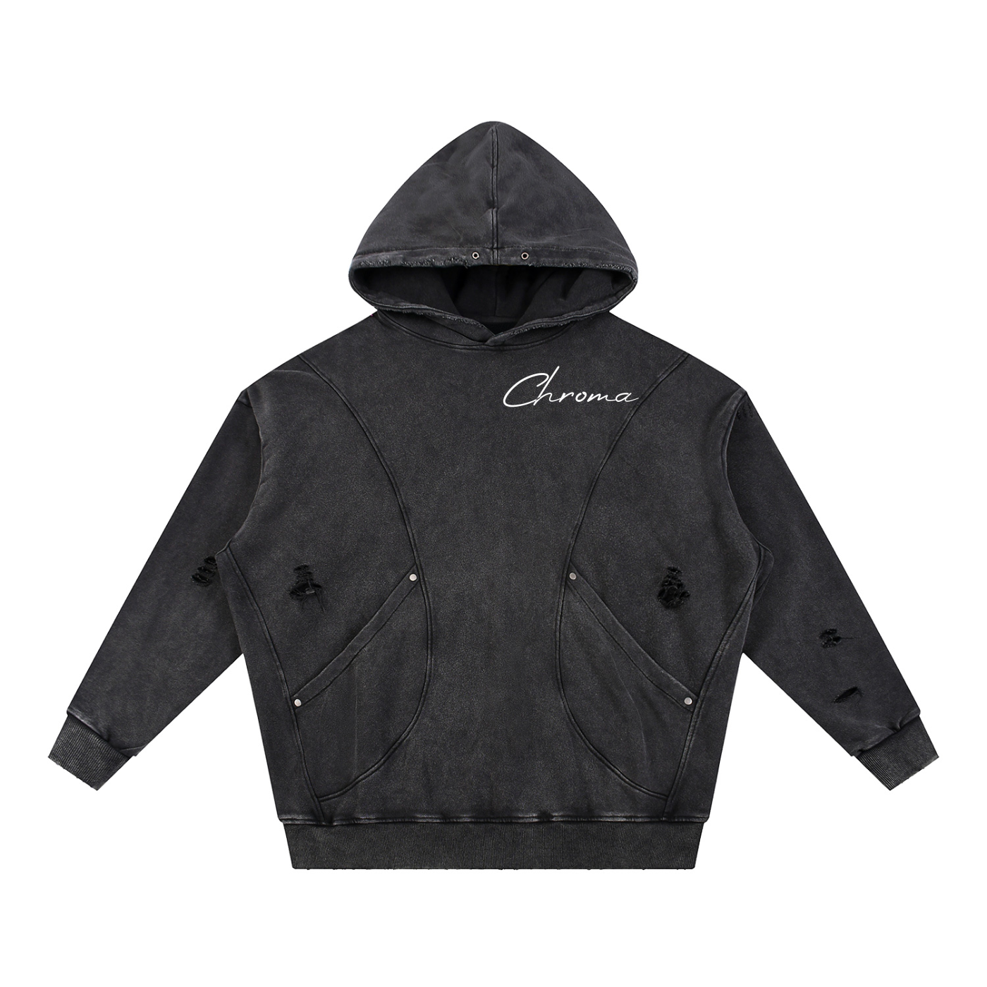 Snow Washed Distressed Panel Pocket Hoodie ODMPOD