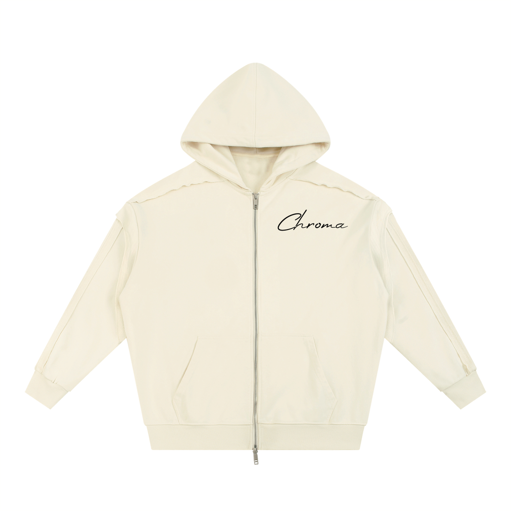 Contrast Tape Raw Edge Double Layered Zip Hoodie ODMPOD